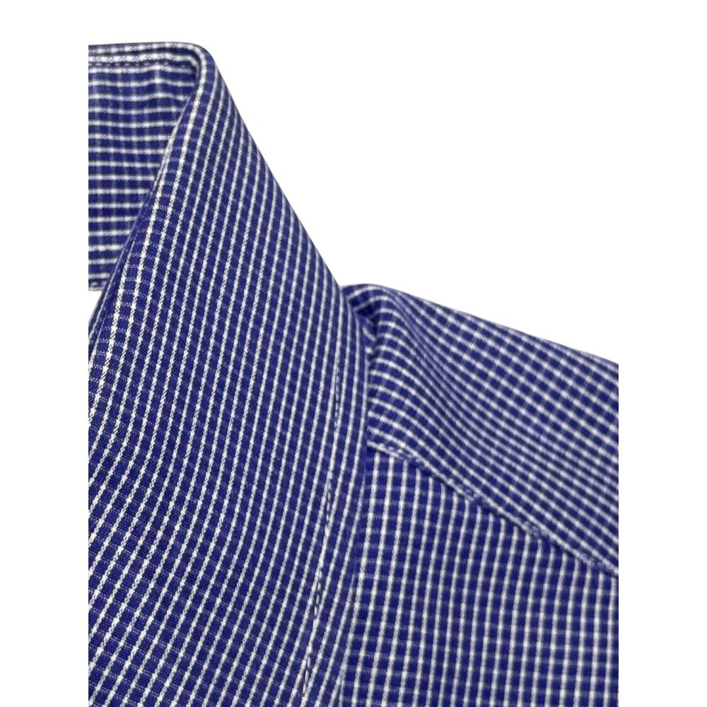 Burberry London Button-Up Dress Shirt Men's 15 Blue White Micro-Check Curved Hem - Picture 8 of 14